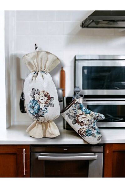 MAVİ Çiçekli 3lü Mutfak Önlük Seti ( Mutfak Önlüğü , Fırın Eldiveni Ve Poşetlik)