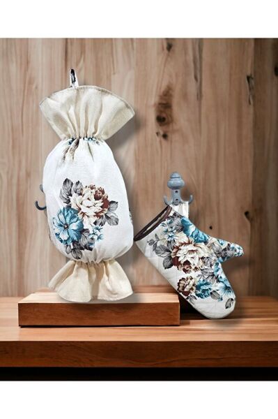 MAVİ Çiçekli 3lü Mutfak Önlük Seti ( Mutfak Önlüğü , Fırın Eldiveni Ve Poşetlik)