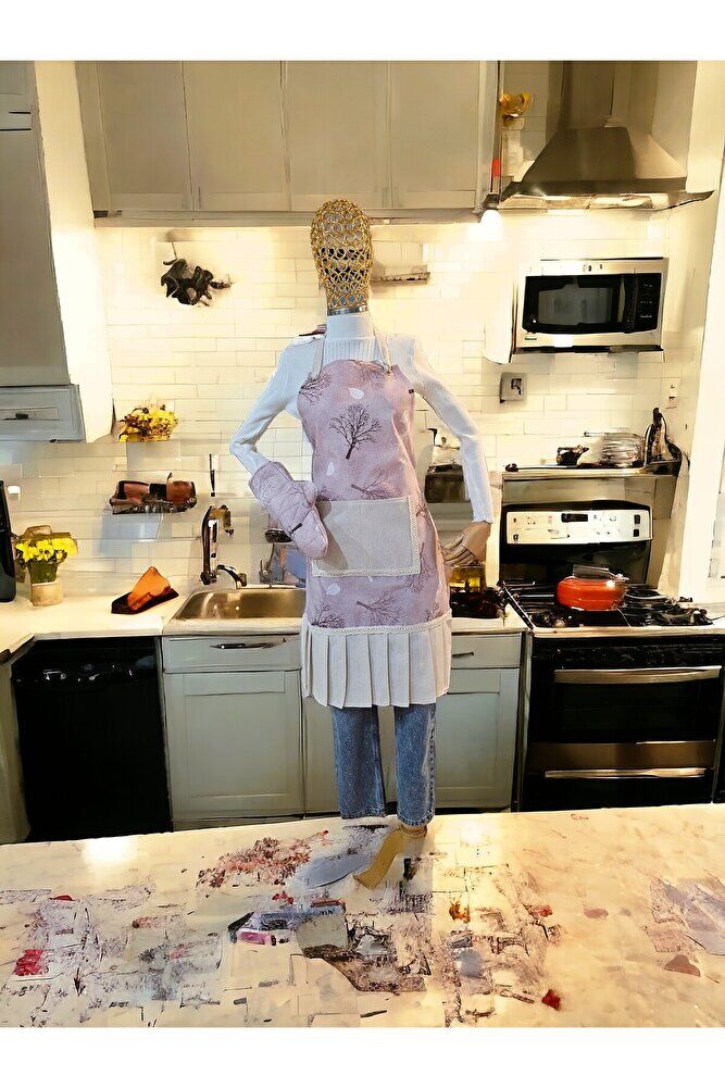 Pembe Çiçekli 3lü Mutfak Önlük Seti ( Mutfak Önlüğü , Fırın Eldiveni Ve Poşetlik)