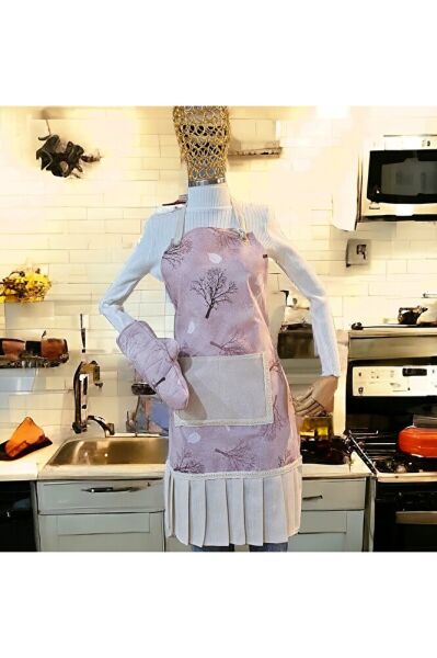 Pembe Çiçekli 3lü Mutfak Önlük Seti ( Mutfak Önlüğü , Fırın Eldiveni Ve Poşetlik)