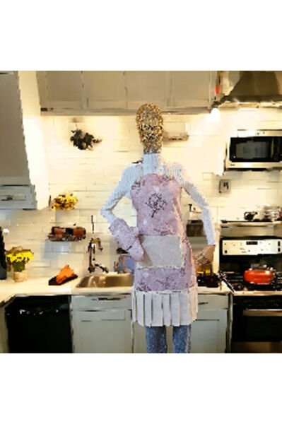 Pembe Çiçekli 3lü Mutfak Önlük Seti ( Mutfak Önlüğü , Fırın Eldiveni Ve Poşetlik)