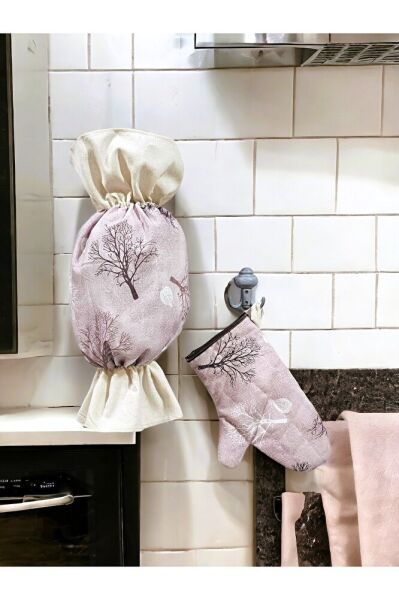 Pembe Çiçekli 3lü Mutfak Önlük Seti ( Mutfak Önlüğü , Fırın Eldiveni Ve Poşetlik)