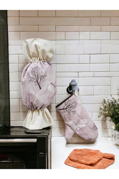 Pembe Çiçekli 3lü Mutfak Önlük Seti ( Mutfak Önlüğü , Fırın Eldiveni Ve Poşetlik)