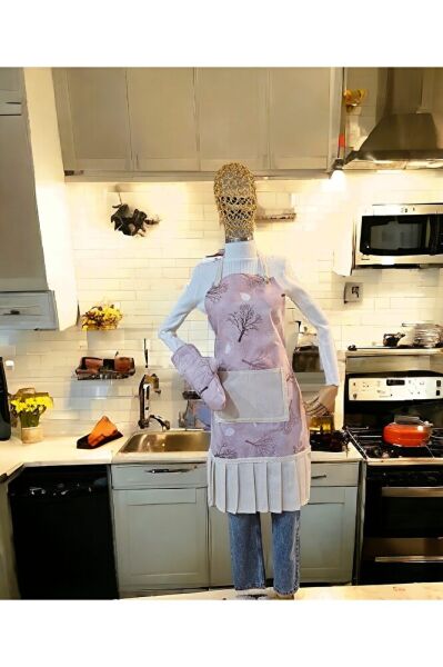 Pembe Çiçekli 3lü Mutfak Önlük Seti ( Mutfak Önlüğü , Fırın Eldiveni Ve Poşetlik)