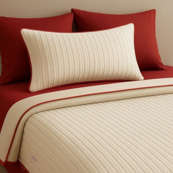 KIRMIZI - EKRU ÖRGÜ DESEN TEK KİŞİLİK NEVRESİM TAKIMI (PİKE TKM)