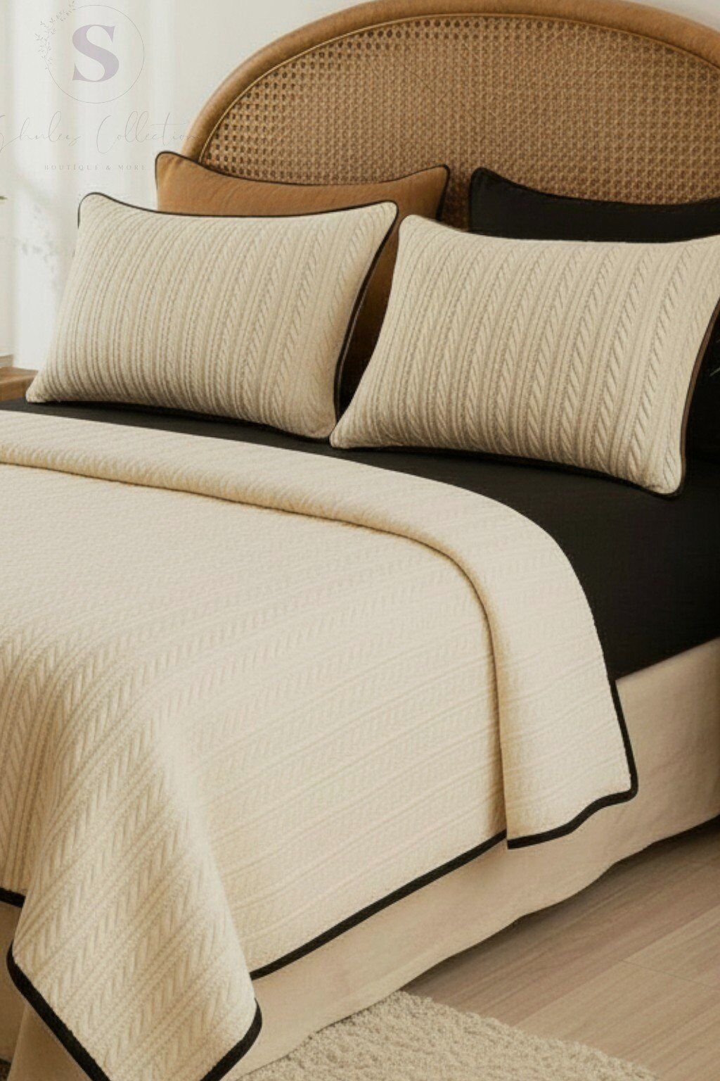 SİYAH-KREM ÖRGÜ DESEN ÇİFT KİŞİLİK NEVRESİM TAKIMI (PİKE TKM)