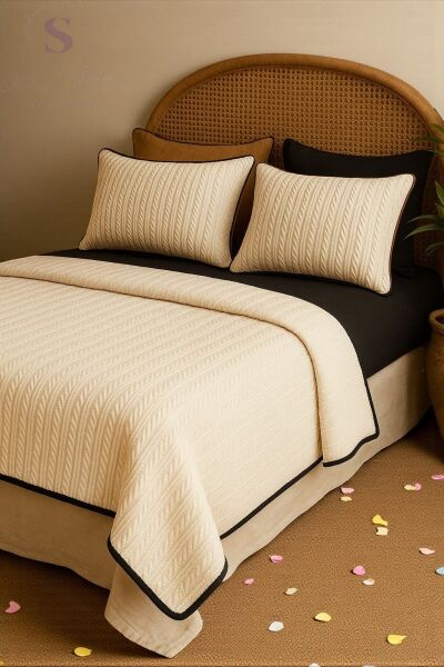 SİYAH-KREM ÖRGÜ DESEN ÇİFT KİŞİLİK NEVRESİM TAKIMI (PİKE TKM)