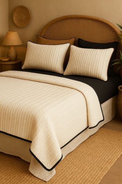 SİYAH-KREM ÖRGÜ DESEN ÇİFT KİŞİLİK NEVRESİM TAKIMI (PİKE TKM)