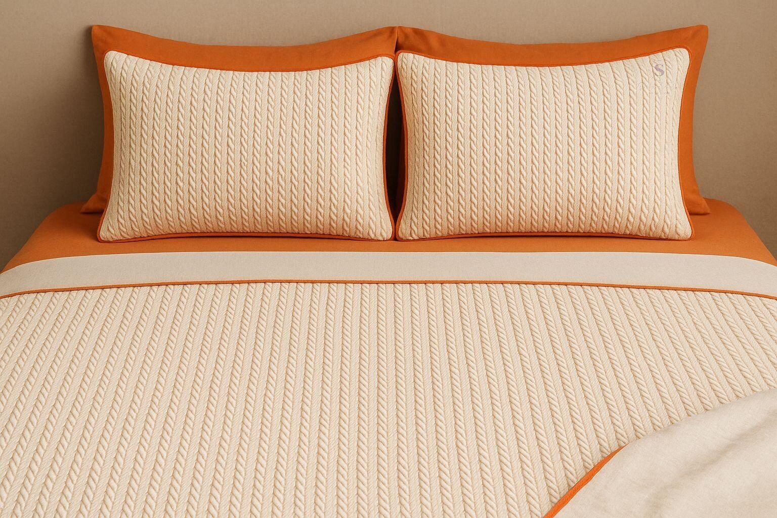 TURUNCU-KREM ÖRGÜ DESEN ÇİFT KİŞİLİK NEVRESİM TAKIMI (PİKE TKM)