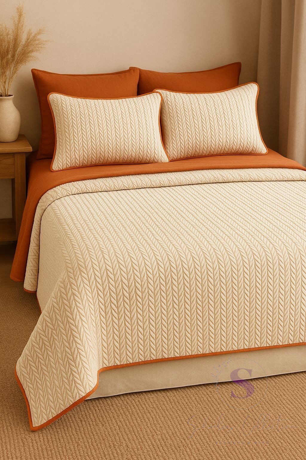 TURUNCU-KREM ÖRGÜ DESEN ÇİFT KİŞİLİK NEVRESİM TAKIMI (PİKE TKM)