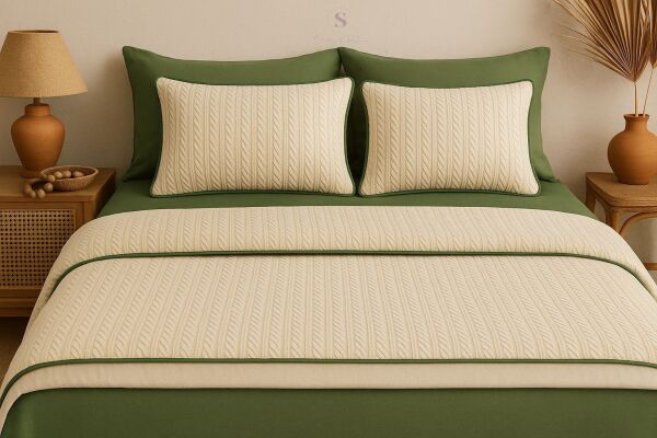 YEŞİL-KREM ÖRGÜ DESEN ÇİFT KİŞİLİK NEVRESİM TAKIMI (PİKE TKM)