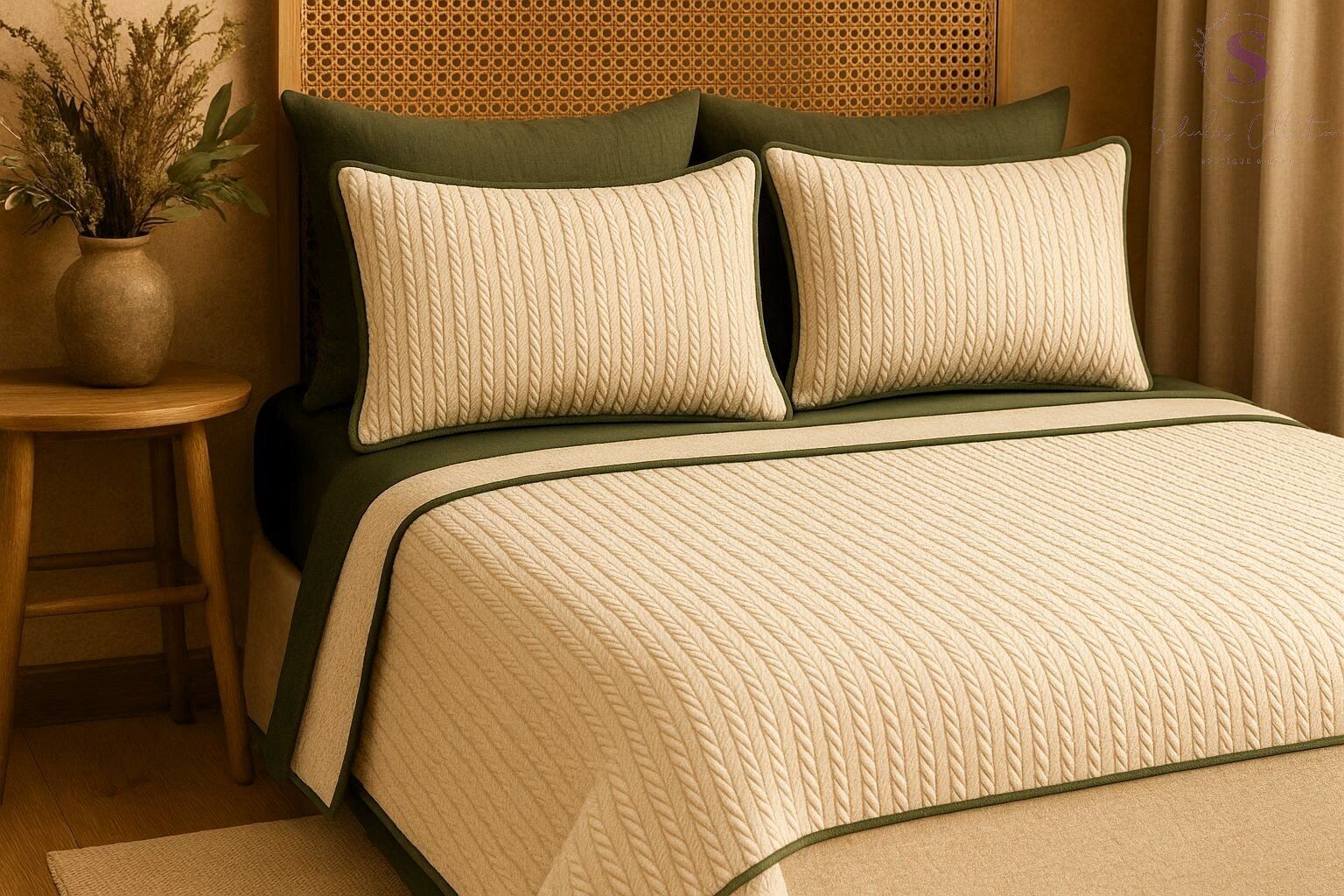 YEŞİL-KREM ÖRGÜ DESEN ÇİFT KİŞİLİK NEVRESİM TAKIMI (PİKE TKM)