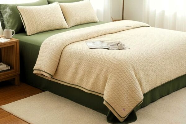 YEŞİL-KREM ÖRGÜ DESEN ÇİFT KİŞİLİK NEVRESİM TAKIMI (PİKE TKM)