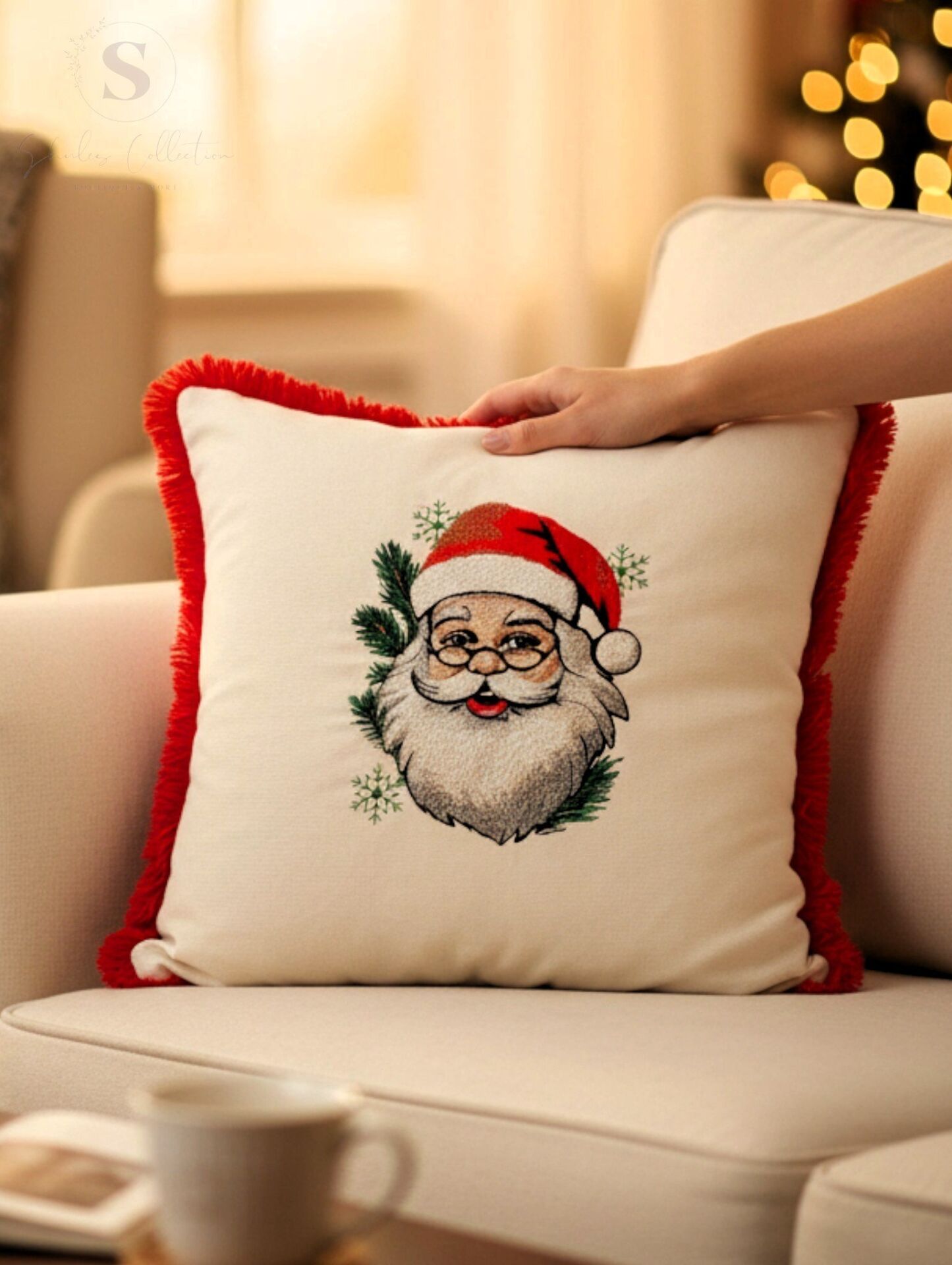 NOEL BABA NAKIŞLI FIRFIRLI BULDAN KETENİ YASTIK KILIFI (43 x 43) 1 Adet Dolgusuz