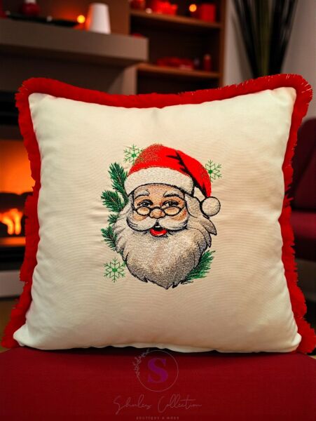 NOEL BABA NAKIŞLI FIRFIRLI BULDAN KETENİ YASTIK KILIFI (43 x 43) 1 Adet Dolgusuz