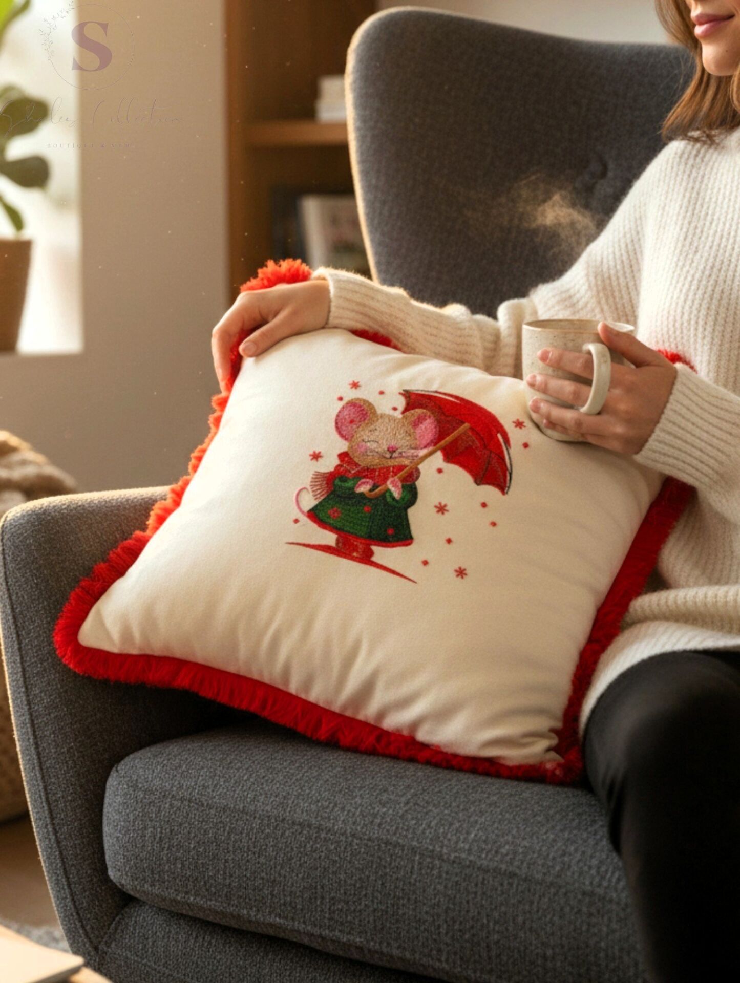 ŞEMSİYELİ BAYAN BİANCA NAKIŞLI FIRFIRLI BULDAN KETENİ YASTIK KILIFI (43 x 43) 1 Adet Dolgusuz