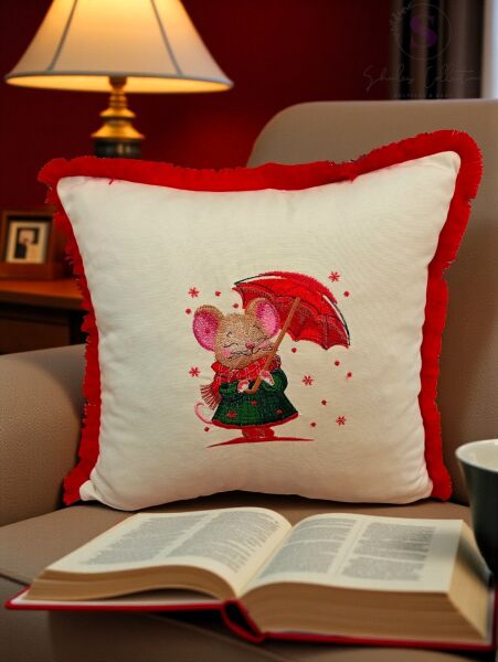 ŞEMSİYELİ BAYAN BİANCA NAKIŞLI FIRFIRLI BULDAN KETENİ YASTIK KILIFI (43 x 43) 1 Adet Dolgusuz