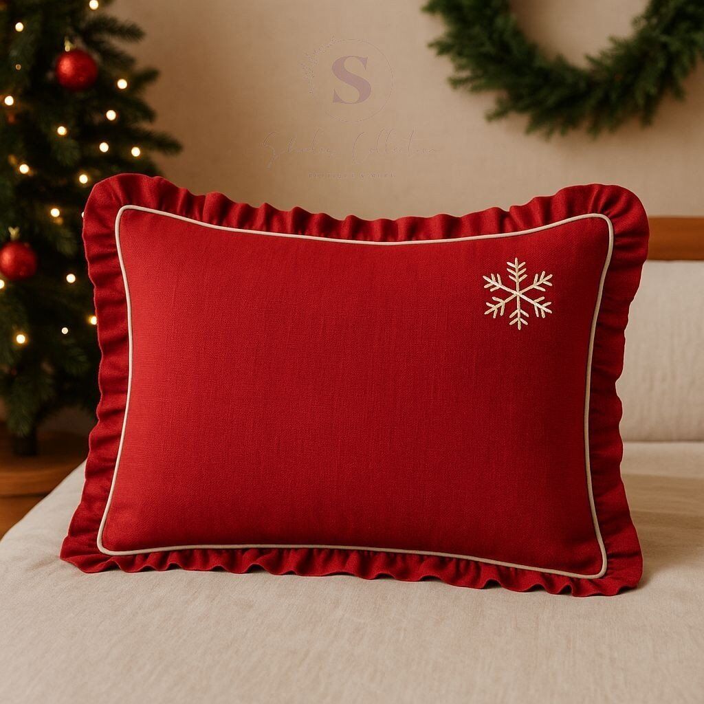 NAKIŞLI KIRMIZI BULDAN KETENİ YASTIK KILIFI (50X70) 1 Adet DOLGUSUZ