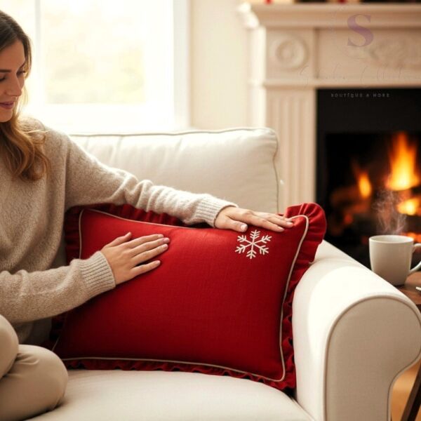 NAKIŞLI KIRMIZI BULDAN KETENİ YASTIK KILIFI (50X70) 1 Adet DOLGUSUZ