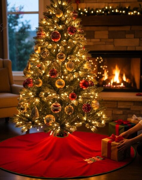 YILBAŞI  KEDİCİK AİLESİ NAKIŞLI ÇAM AĞACI ÖRTÜSÜ (90CM)