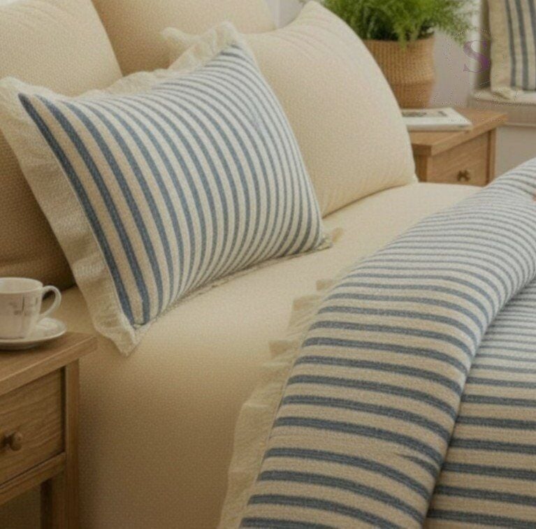 MAVİ-BEJ % 100 Pamuk Fırfır İplik Boyalı  Nevresim Takımı,Modern Çizgili (TEK KİŞİLİK)