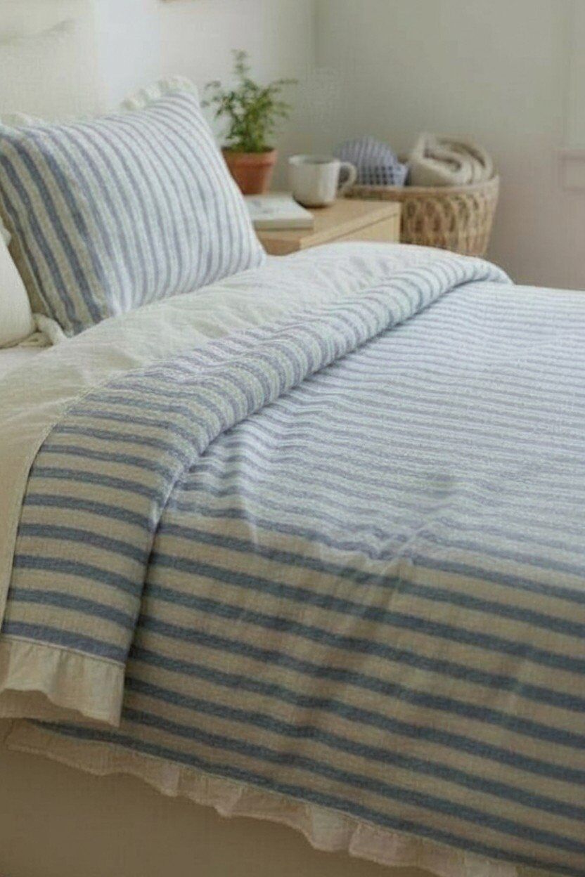 MAVİ-BEJ % 100 Pamuk Fırfır İplik Boyalı  Nevresim Takımı,Modern Çizgili (TEK KİŞİLİK)