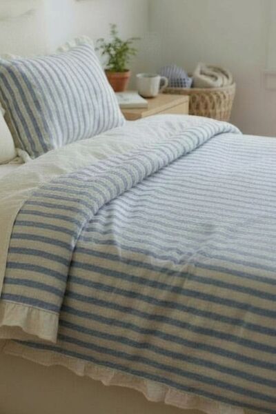 MAVİ-BEJ % 100 Pamuk Fırfır İplik Boyalı  Nevresim Takımı,Modern Çizgili (TEK KİŞİLİK)