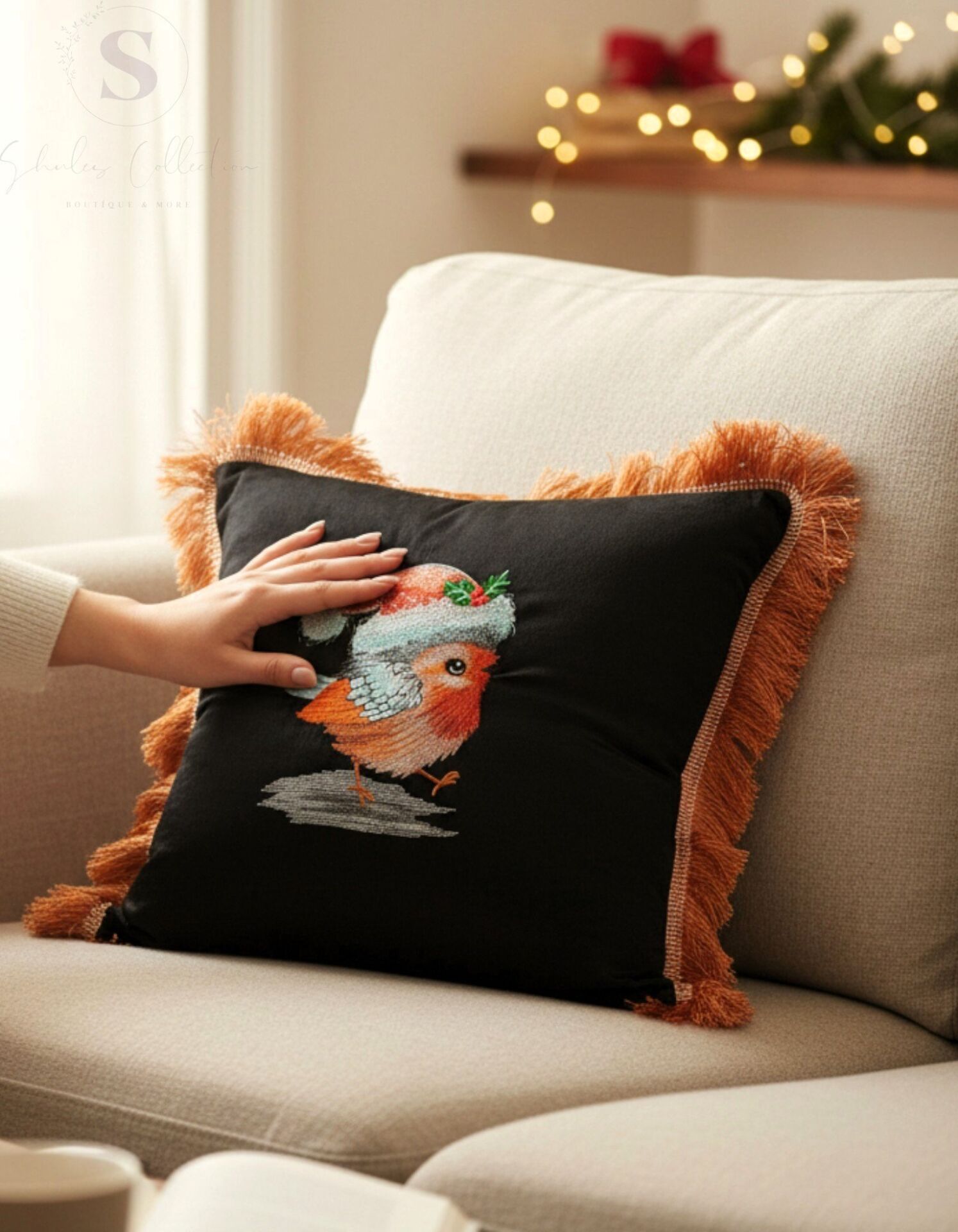 CİVCİV Nakışlı Kadife Siyah Kırlent Kılıfı (1 adet İÇİ DOLGULU 43 X 43 CM)