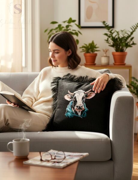 ASLAN Nakışlı Kadife Siyah Kırlent Kılıfı (1 adet İÇİ DOLGULU 43 X 43 CM)