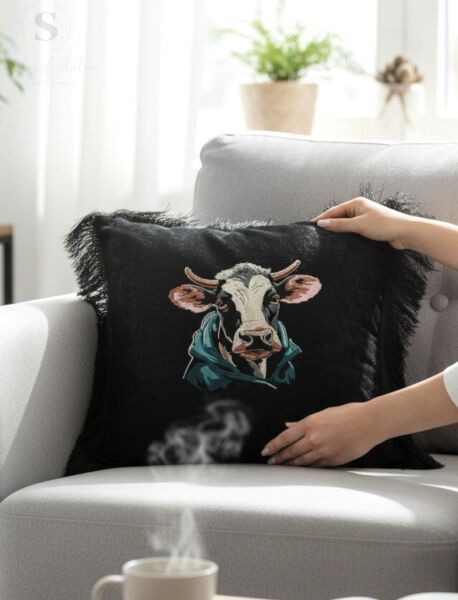 ASLAN Nakışlı Kadife Siyah Kırlent Kılıfı (1 adet İÇİ DOLGULU 43 X 43 CM)