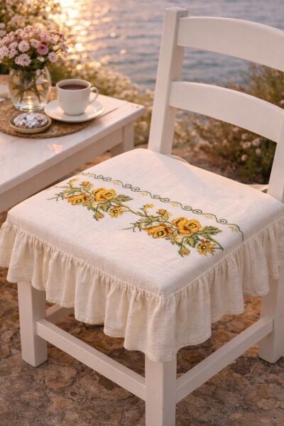 Romantik Ege SARI GÜL KANAVİÇE Nakışlı Fırfırlı Sandalye Minderi