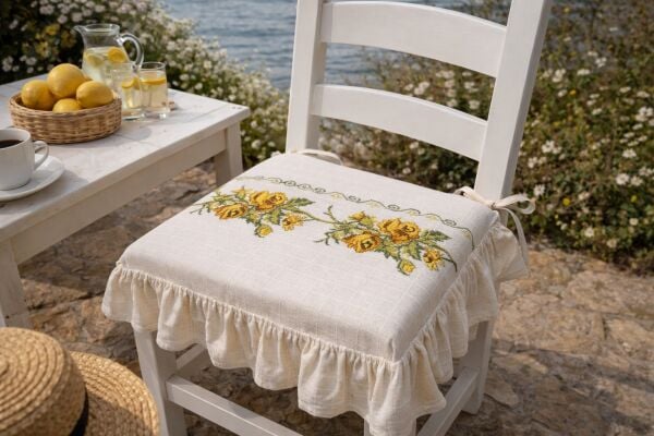 Romantik Ege SARI GÜL KANAVİÇE Nakışlı Fırfırlı Sandalye Minderi