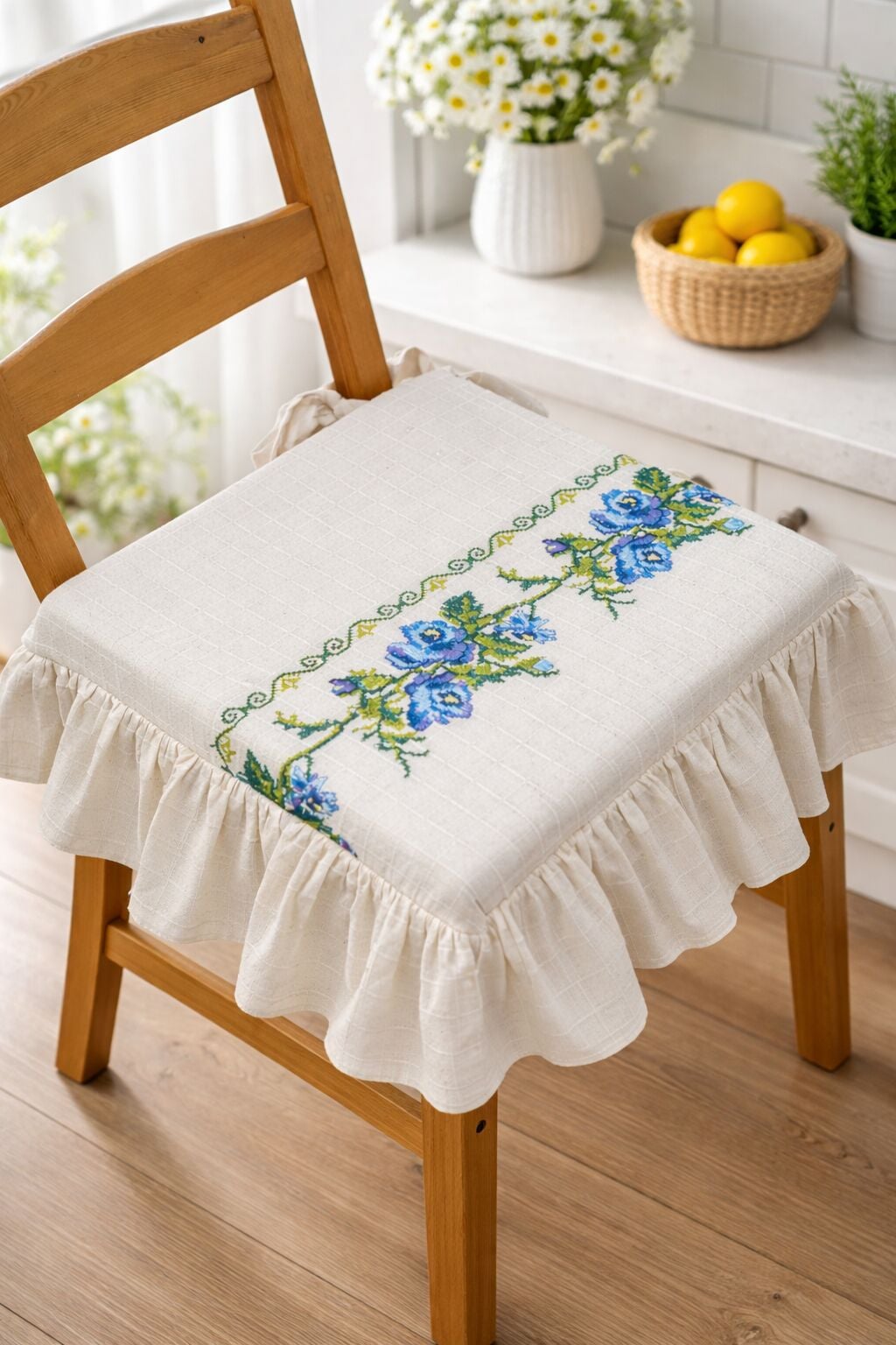 Romantik Ege MAVİ  GÜL KANAVİÇE Nakışlı Fırfırlı Sandalye Minderi