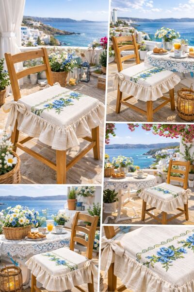 Romantik Ege MAVİ  GÜL KANAVİÇE Nakışlı Fırfırlı Sandalye Minderi