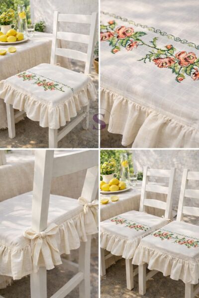 Romantik Ege TURUNCU GÜL KANAVİÇE Nakışlı Fırfırlı Sandalye Minderi