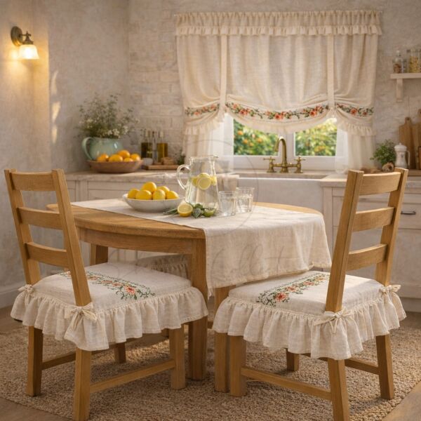 Romantik Ege TURUNCU GÜL KANAVİÇE Nakışlı Fırfırlı Sandalye Minderi