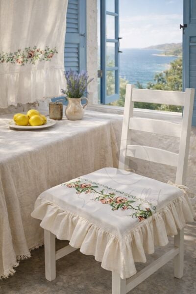 Romantik Ege TURUNCU GÜL KANAVİÇE Nakışlı Fırfırlı Sandalye Minderi