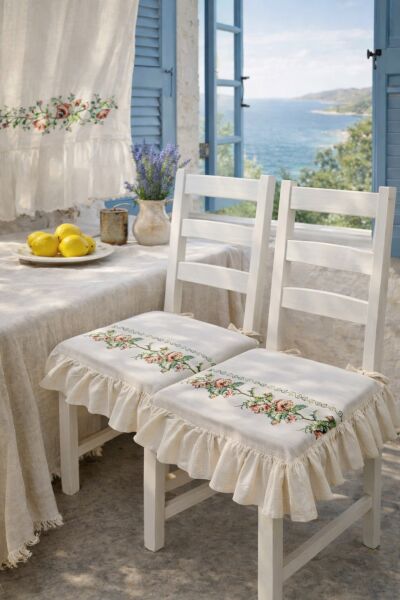 Romantik Ege TURUNCU GÜL KANAVİÇE Nakışlı Fırfırlı Sandalye Minderi