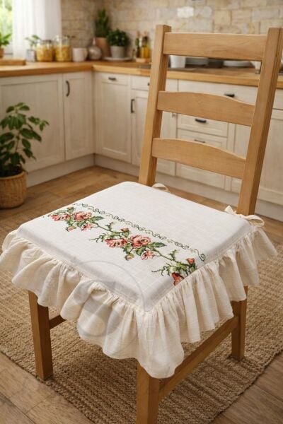 Romantik Ege TURUNCU GÜL KANAVİÇE Nakışlı Fırfırlı Sandalye Minderi