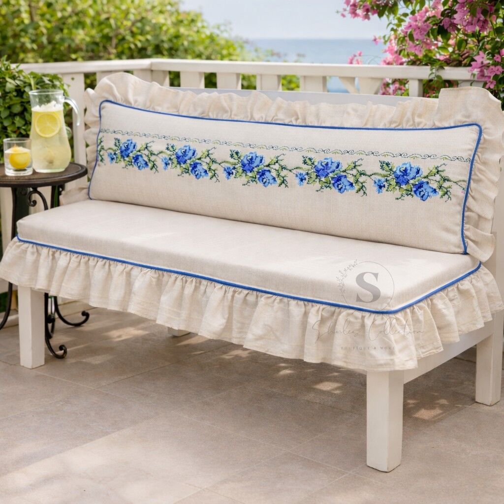 MAVİ Gül Nakışlı Fırfırlı Bank Minder Seti Süngerli Oturum ve Sırt Yastığı 120x50 120x40 5 Cm Buldan keteni  Sedir Minderi