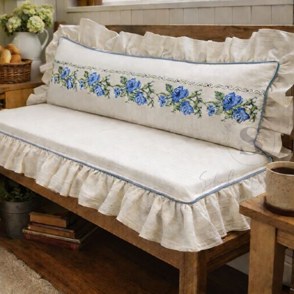 MAVİ Gül Nakışlı Fırfırlı Bank Minder Seti Süngerli Oturum ve Sırt Yastığı 120x50 120x40 5 Cm Buldan keteni  Sedir Minderi