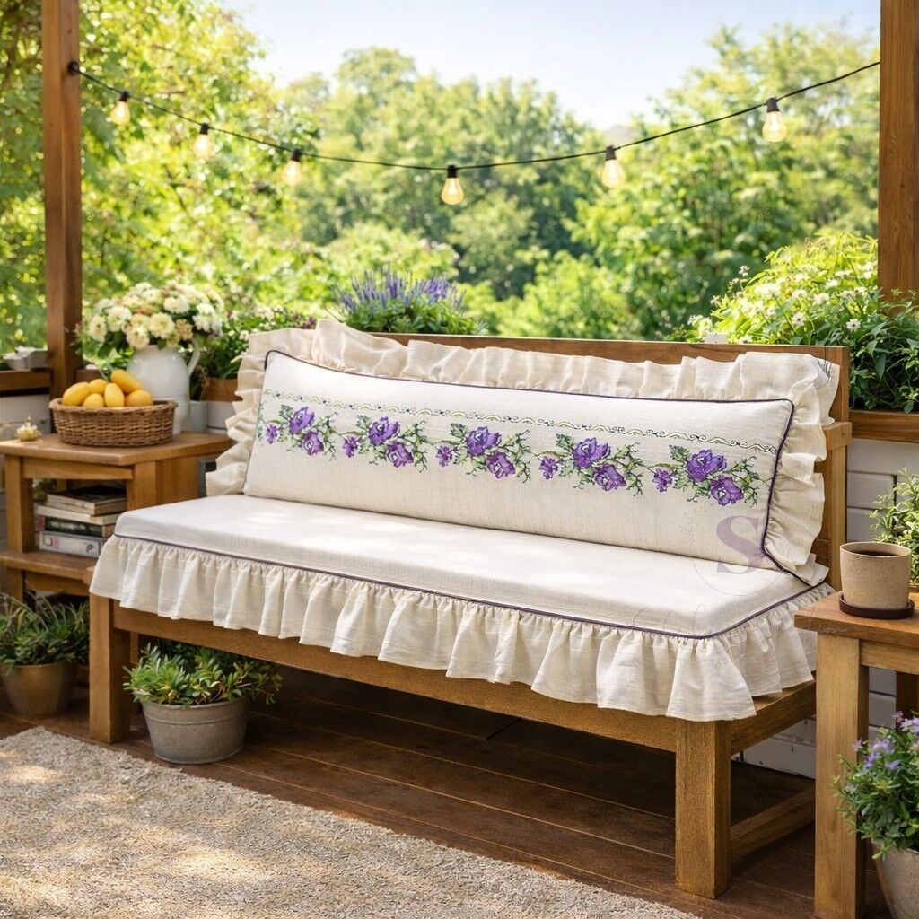 MOR Gül Nakışlı Fırfırlı Bank Minder Seti Süngerli Oturum ve Sırt Yastığı 120x50 120x40 5 Cm  Buldan keteni  Sedir Minderi