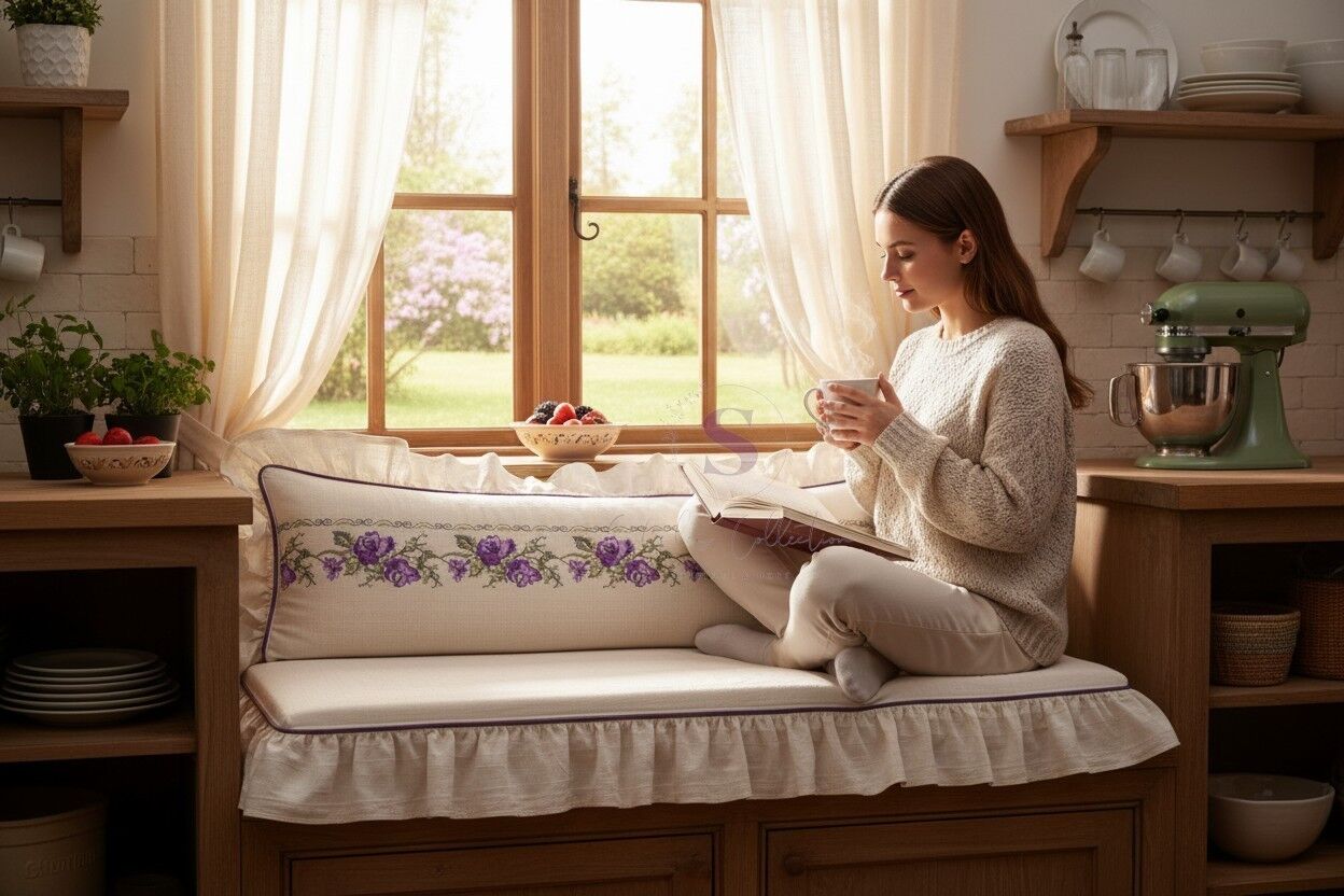 MOR Gül Nakışlı Fırfırlı Bank Minder Seti Süngerli Oturum ve Sırt Yastığı 120x50 120x40 5 Cm  Buldan keteni  Sedir Minderi