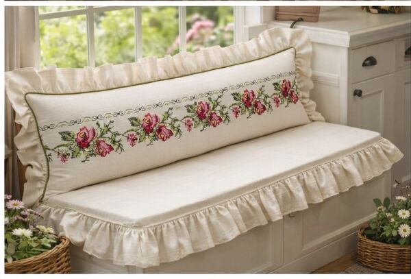 Kırmızı Gül Nakışlı Fırfırlı Bank Minder Seti Süngerli Oturum ve Sırt Yastığı 120x50 120x40 5 Cm  Buldan keteni  Sedir Minderi