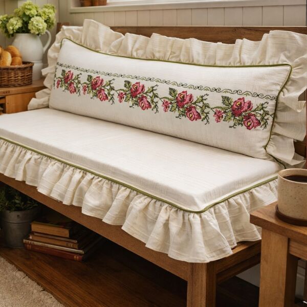 Kırmızı Gül Nakışlı Fırfırlı Bank Minder Seti Süngerli Oturum ve Sırt Yastığı 120x50 120x40 5 Cm  Buldan keteni  Sedir Minderi