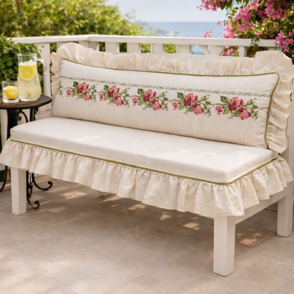 Kırmızı Gül Nakışlı Fırfırlı Bank Minder Seti Süngerli Oturum ve Sırt Yastığı 120x50 120x40 5 Cm  Buldan keteni  Sedir Minderi