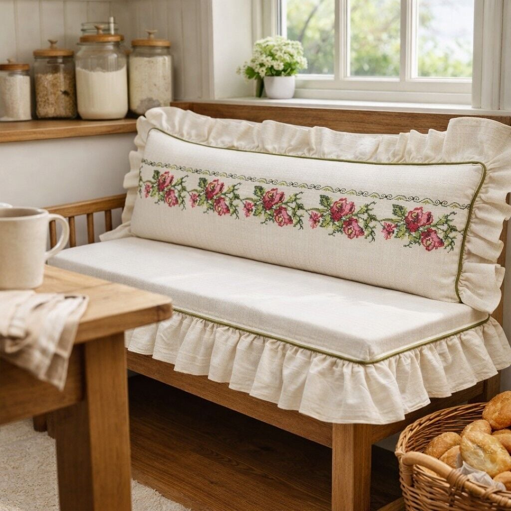 Kırmızı Gül Nakışlı Fırfırlı Bank Minder Seti Süngerli Oturum ve Sırt Yastığı 120x50 120x40 5 Cm  Buldan keteni  Sedir Minderi