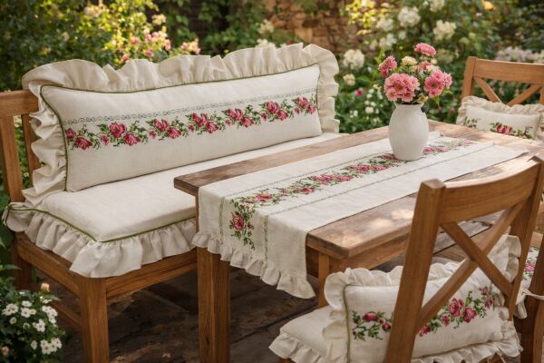 Kırmızı Gül Nakışlı Fırfırlı Bank Minder Seti Süngerli Oturum ve Sırt Yastığı 120x50 120x40 5 Cm  Buldan keteni  Sedir Minderi