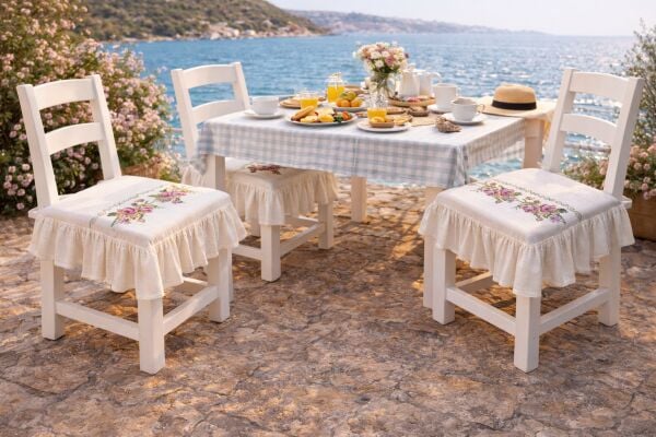 Romantik Ege MOR GÜL KANAVİÇE Nakışlı Fırfırlı Sandalye Minderi