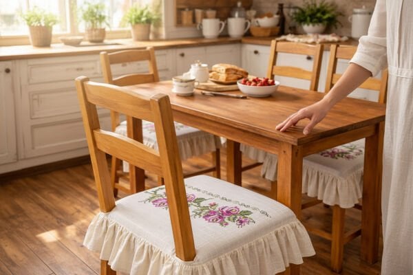 Romantik Ege MOR GÜL KANAVİÇE Nakışlı Fırfırlı Sandalye Minderi